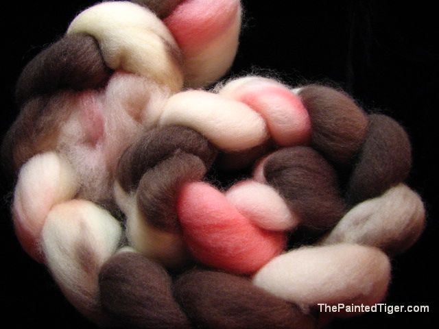 Hand Dyed Falkland Wool Combed Top Pink White Brown